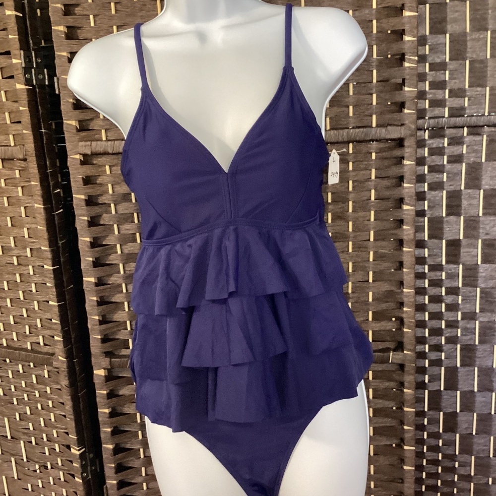 Ruffle Tiered Layer 2 PC Set Tankini (Navy Blue)